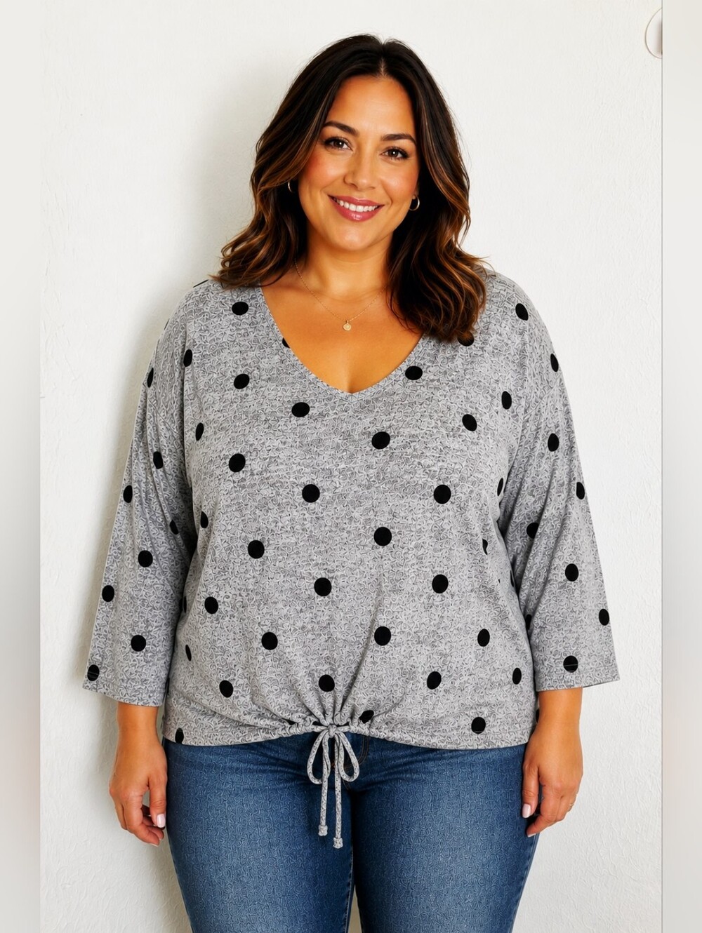 Olivia Blu Gray & Black Polka Dot Tie-Hem V-Neck Top, Soze 3X